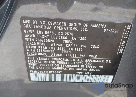 2020 Volkswagen Atlas Cross Sport 2.0T Sel/2.0T Sel Premium/2.0T Sel Premium R-Line/2.0T Sel R-Line z USA, uszkodzony, nr VIN 1V2MC2CA5LC206697